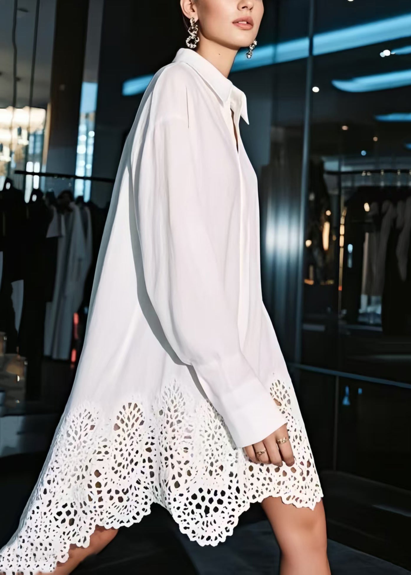 Women White Oversized Hollow Out Cotton Shirt Dresses Spring