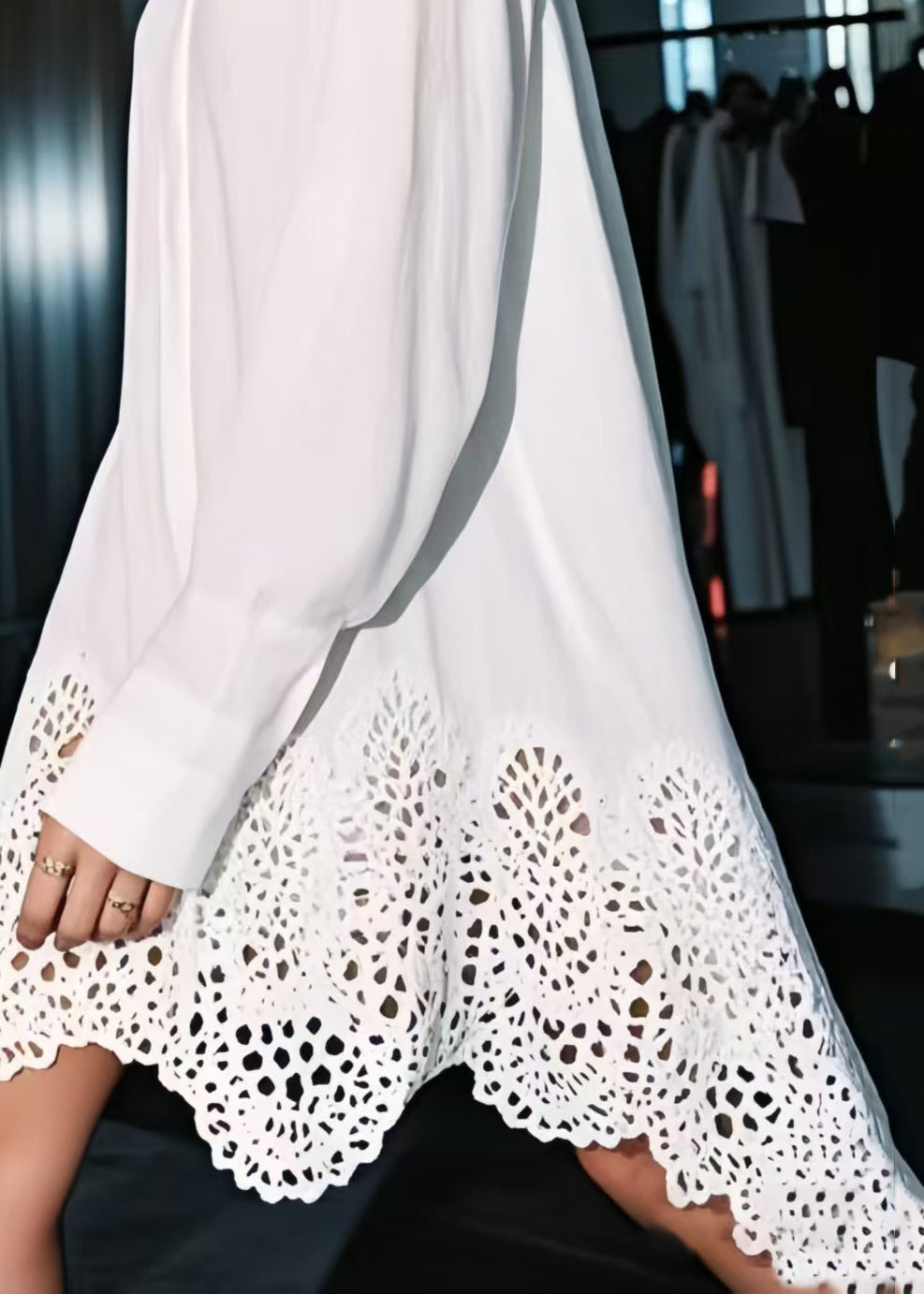 Women White Oversized Hollow Out Cotton Shirt Dresses Spring