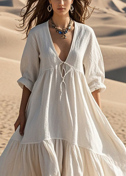 Women White Oversized Lace Up Cotton Robe Dresses Spring