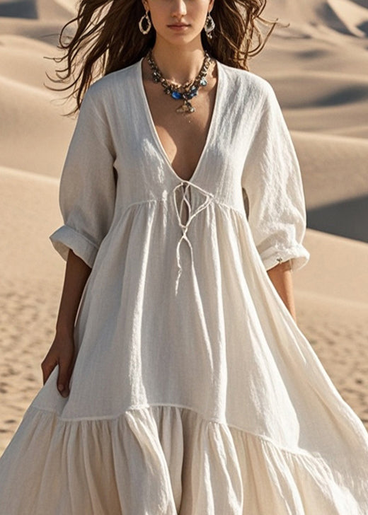 Women White Oversized Lace Up Cotton Robe Dresses Spring