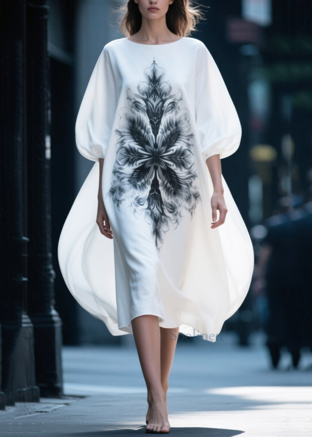 Women White Oversized Print Chiffon Vacation Dresses Puff Sleeve