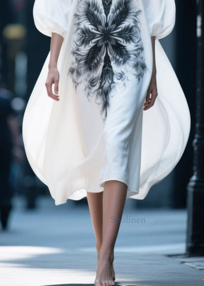 Women White Oversized Print Chiffon Vacation Dresses Puff Sleeve