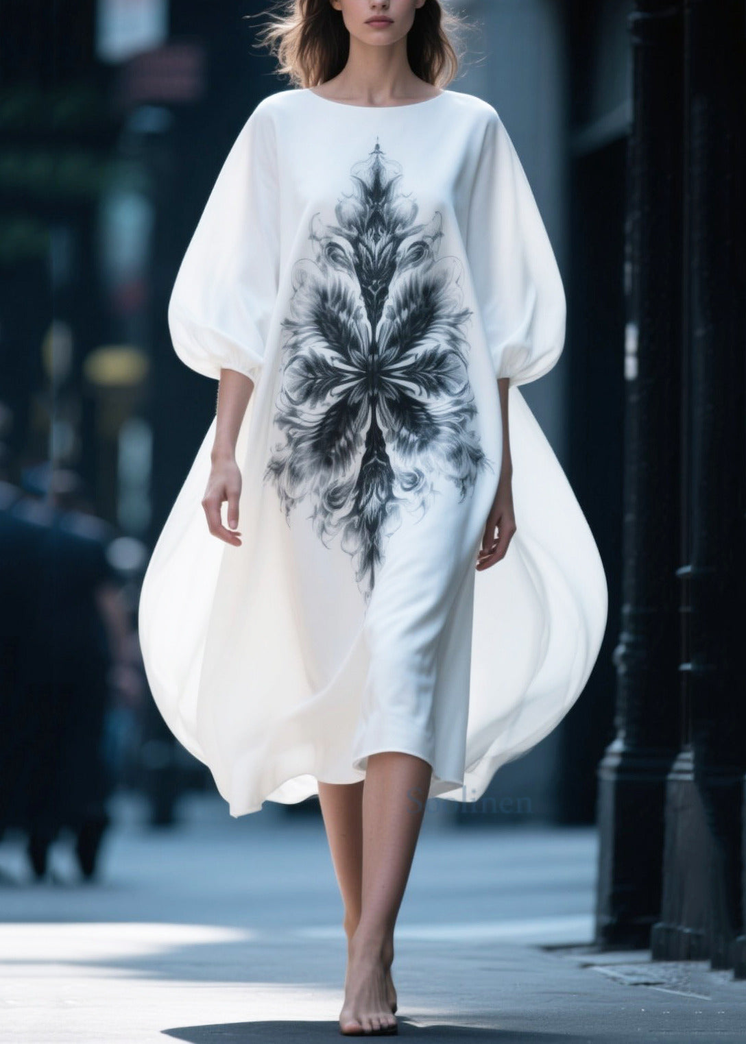 Women White Oversized Print Chiffon Vacation Dresses Puff Sleeve