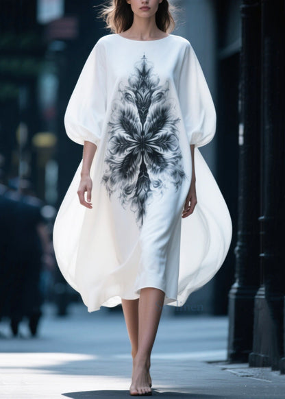 Women White Oversized Print Chiffon Vacation Dresses Puff Sleeve