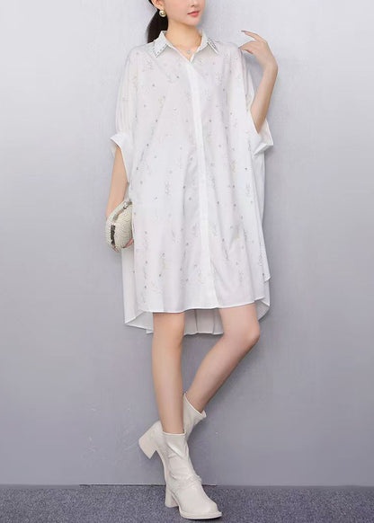 Women White Oversized Rhinestone Cotton Shirt Dress Summer