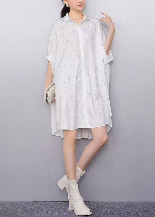 Women White Oversized Rhinestone Cotton Shirt Dress Summer