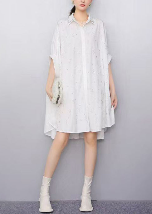 Women White Oversized Rhinestone Cotton Shirt Dress Summer