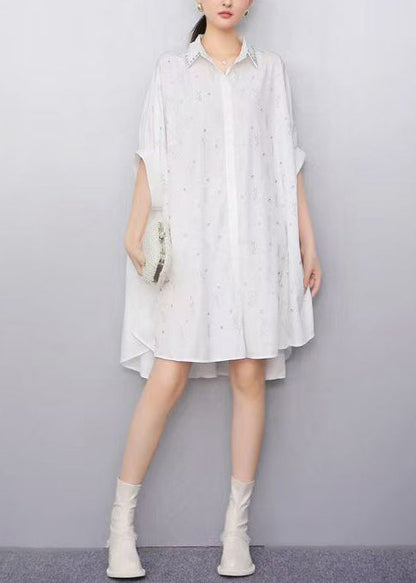 Women White Oversized Rhinestone Cotton Shirt Dress Summer