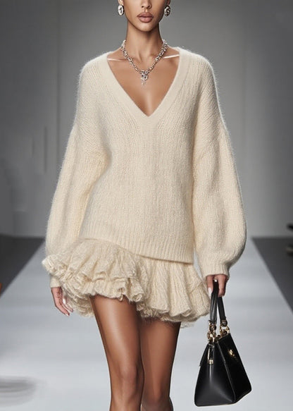 Women White Oversized Warm Knit Sweater And Skirt Two Pieces Set Spring