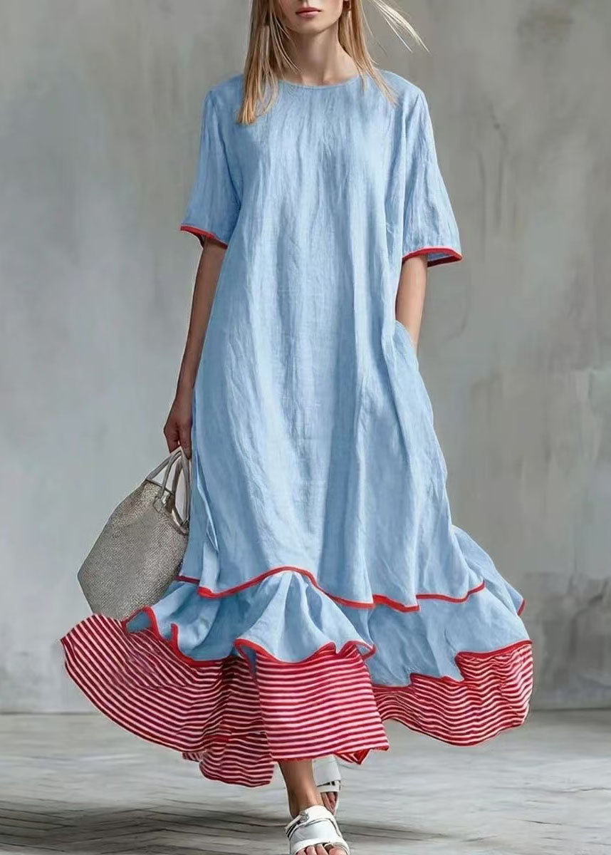 Women White Patchwork Striped Exra Large Hem Cotton Long Dress Summer