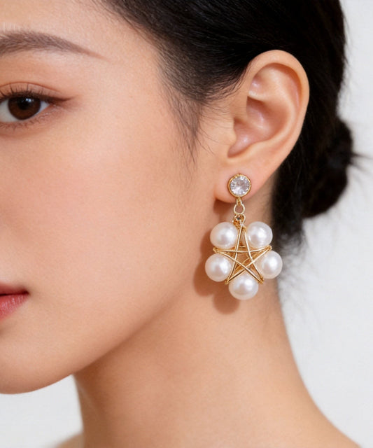 Women White Pearl Five-pointed Star Drop Earrings