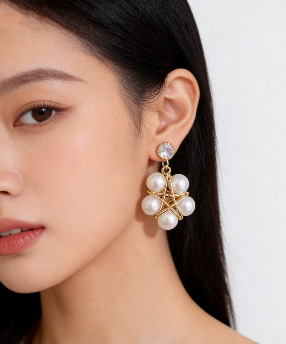 Women White Pearl Five-pointed Star Drop Earrings