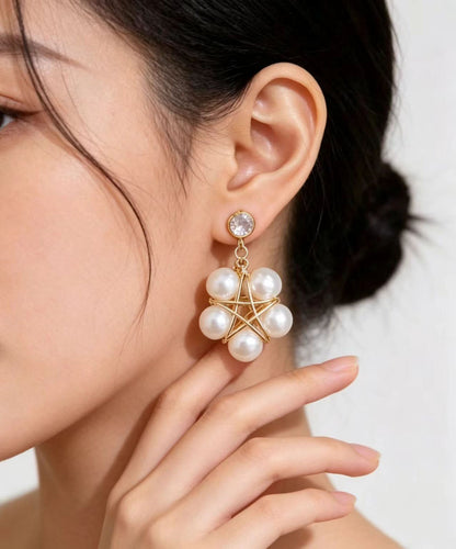 Women White Pearl Five-pointed Star Drop Earrings
