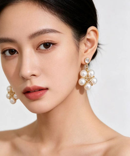 Women White Pearl Five-pointed Star Drop Earrings