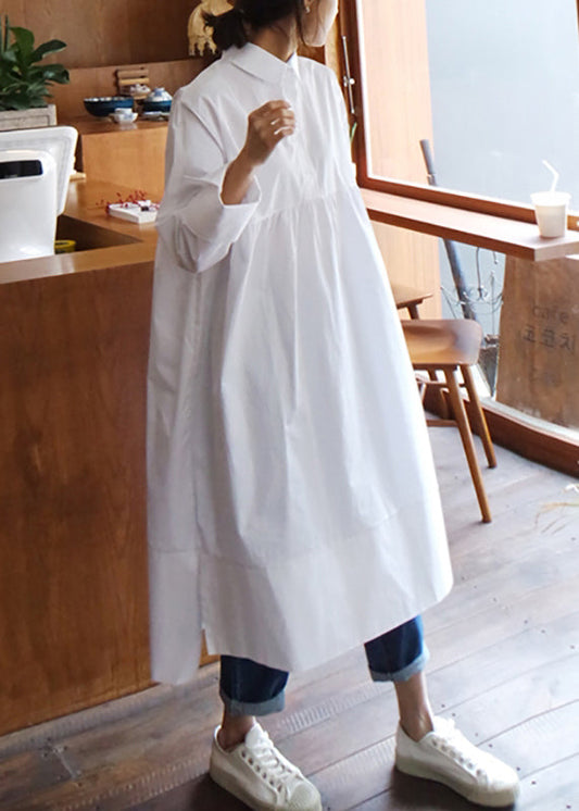 Women White Peter Pan Collar Button Solid Cotton Shirt Dress Fall