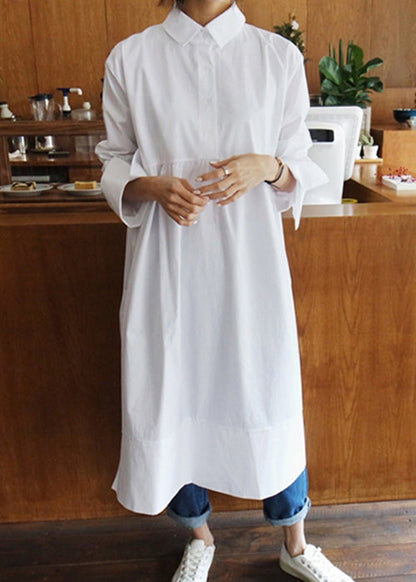 Women White Peter Pan Collar Button Solid Cotton Shirt Dress Fall