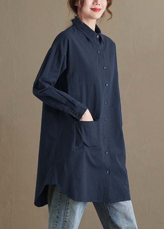 Women White Peter Pan Collar Pockets Cotton Shirt Top Fall