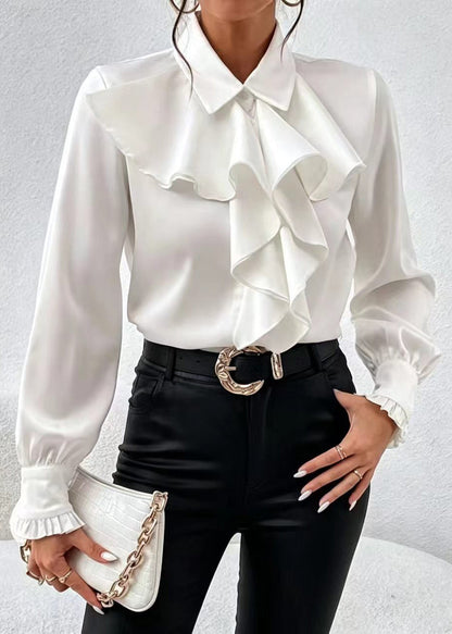 Women White Peter Pan Collar Ruffled Shirt Top Long Sleeve
