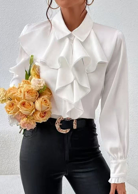 Women White Peter Pan Collar Ruffled Shirt Top Long Sleeve
