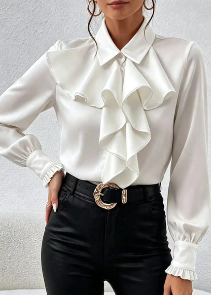 Women White Peter Pan Collar Ruffled Shirt Top Long Sleeve
