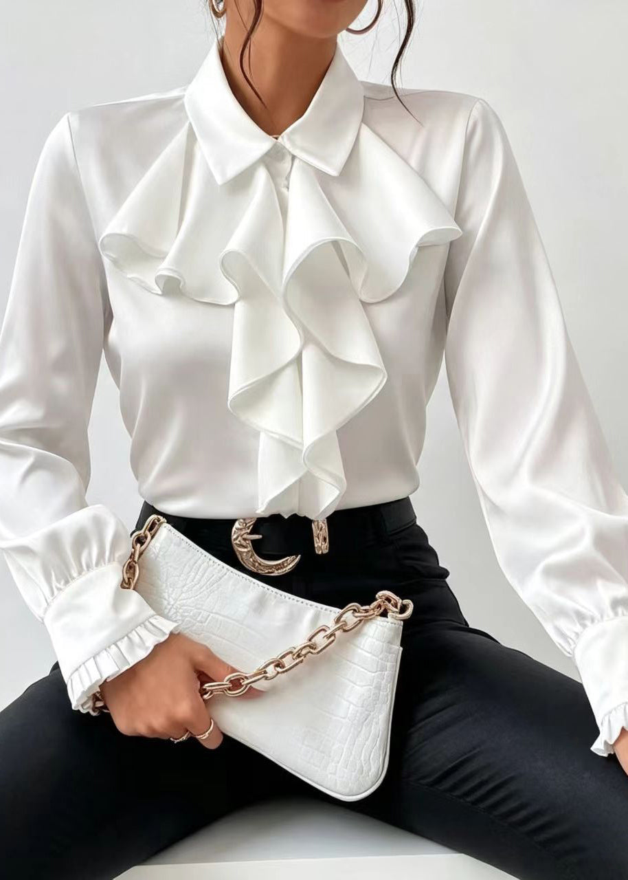 Women White Peter Pan Collar Ruffled Shirt Top Long Sleeve