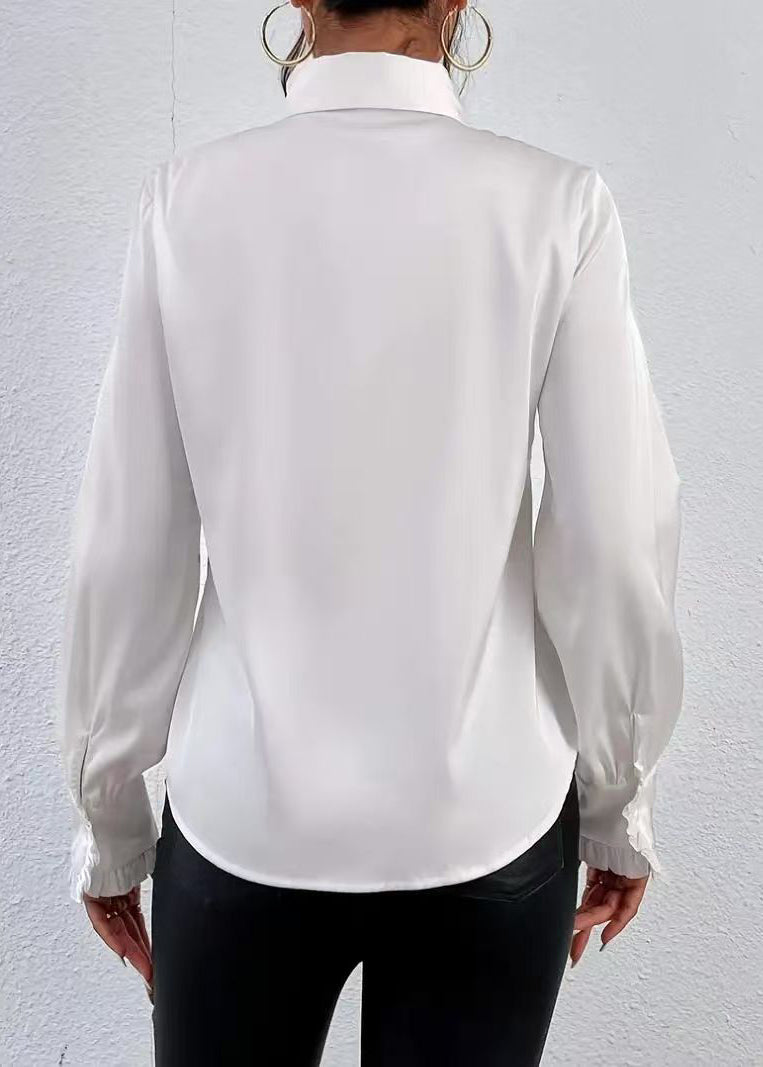 Women White Peter Pan Collar Ruffled Shirt Top Long Sleeve