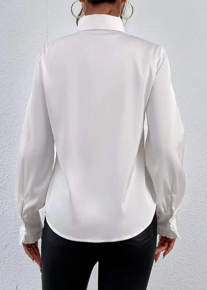 Women White Peter Pan Collar Ruffled Shirt Top Long Sleeve