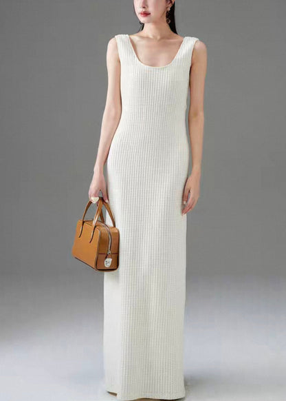 Women White Plaid Solid Cotton Long Dress Sleeveless