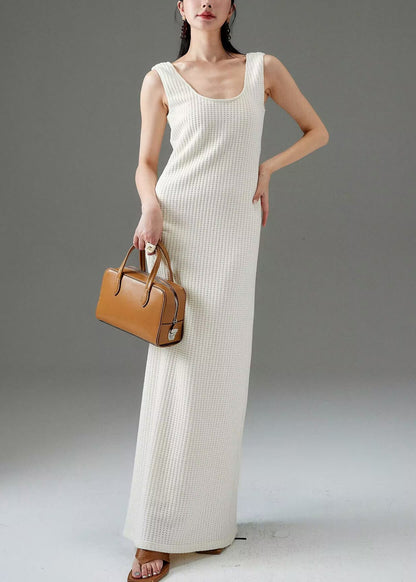 Women White Plaid Solid Cotton Long Dress Sleeveless