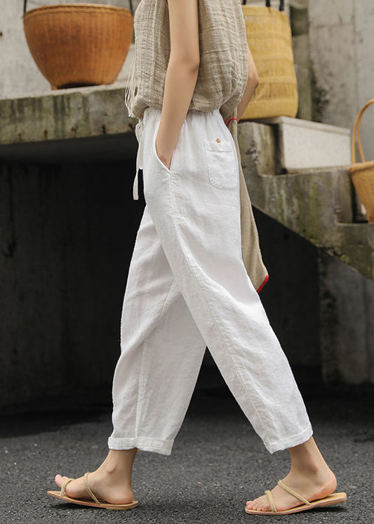 Women White Pockets Elastic Waist Cotton Pants Summer