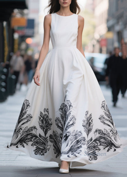 Women White Print Exra Large Hem Chiffon Party Dresses Summer