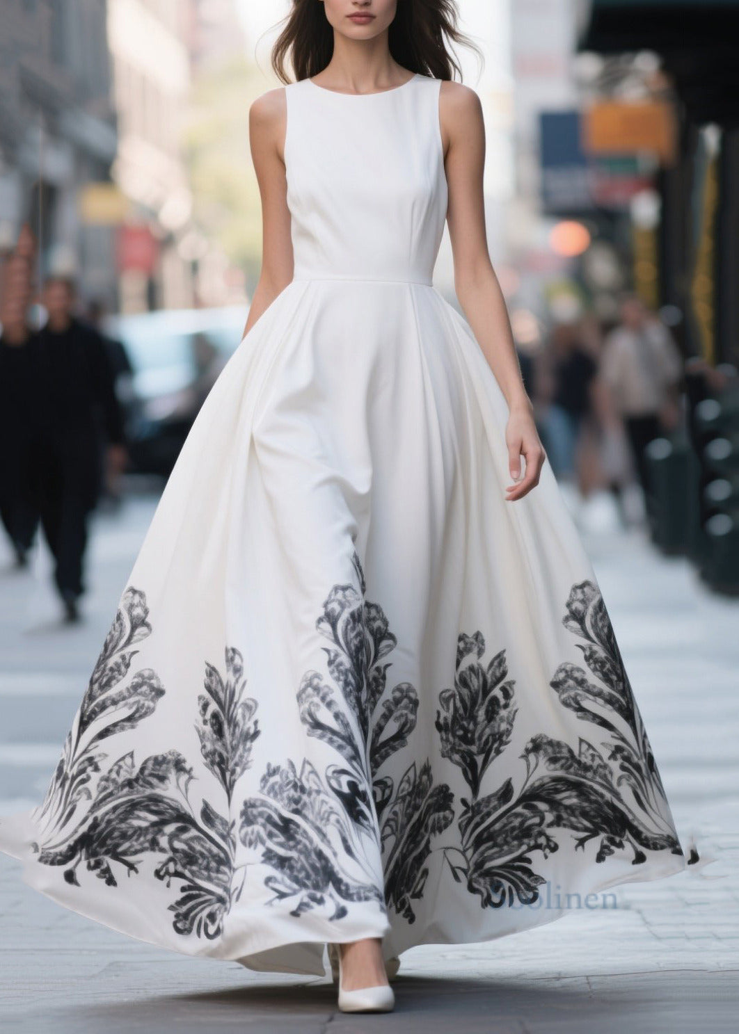 Women White Print Exra Large Hem Chiffon Party Dresses Summer