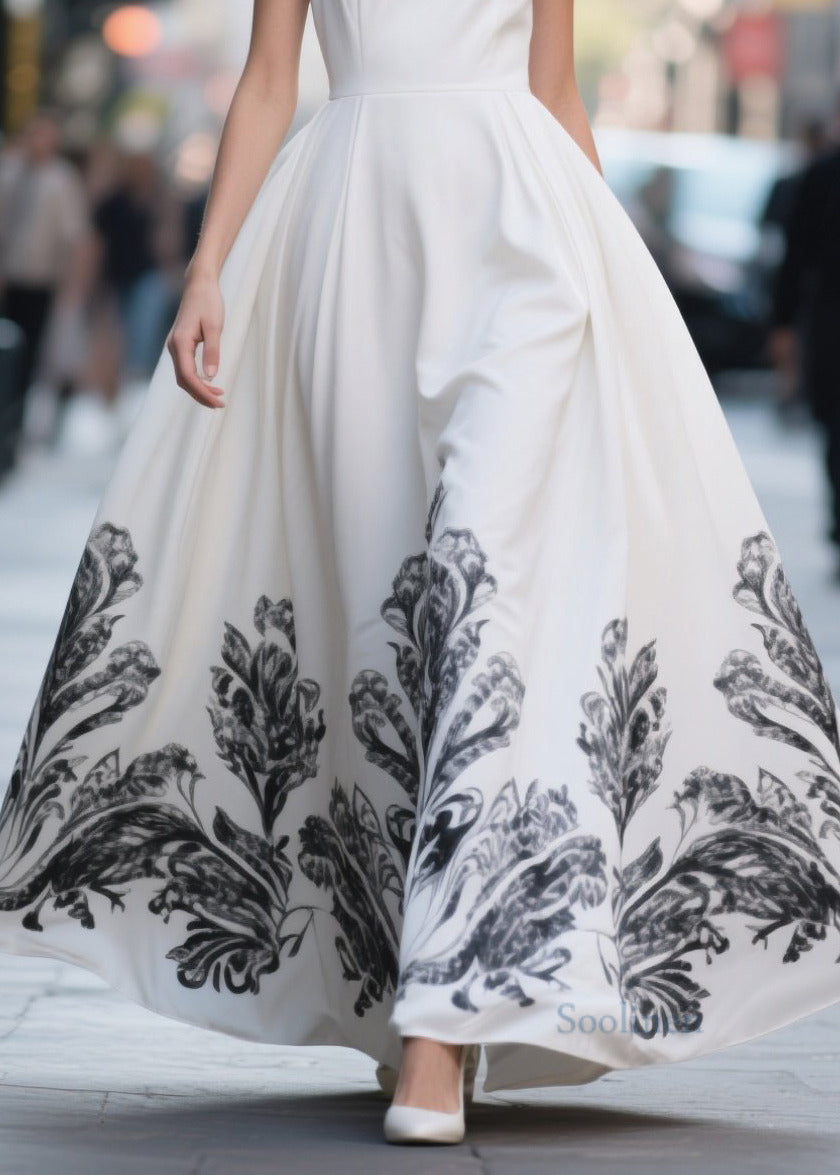 Women White Print Exra Large Hem Chiffon Party Dresses Summer