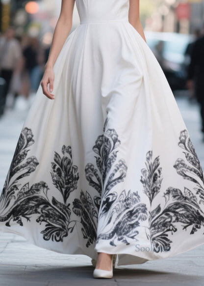 Women White Print Exra Large Hem Chiffon Party Dresses Summer