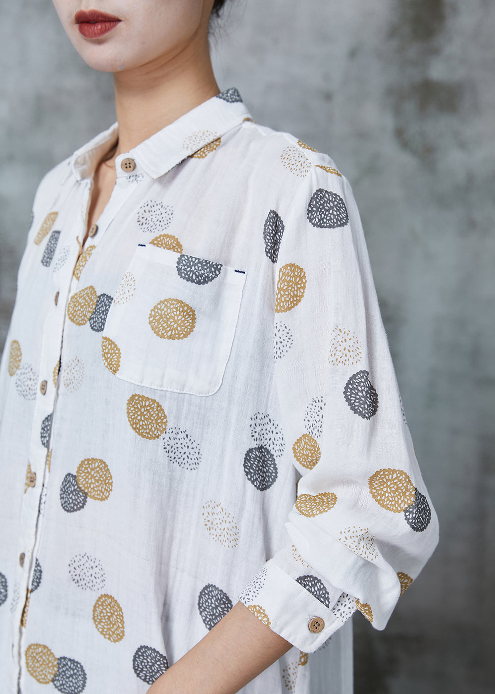 Women White Print Pocket Cotton Shirts Spring