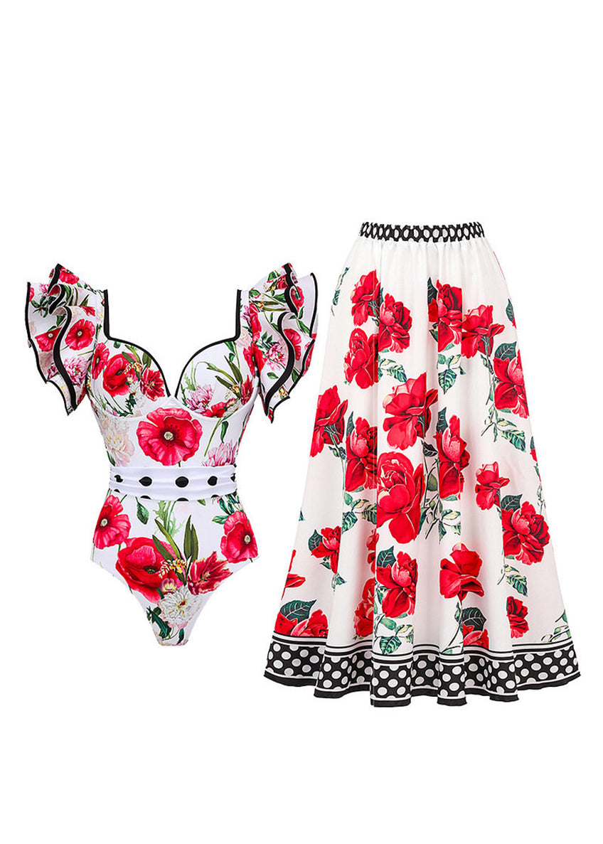 Women White Print Ruffled Bodysuits And Maxi Skirts Pajama Sets Swimwear