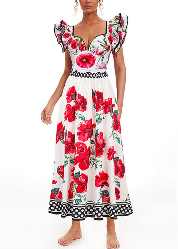Women White Print Ruffled Bodysuits And Maxi Skirts Pajama Sets Swimwear