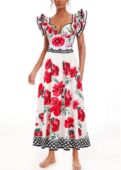 Women White Print Ruffled Bodysuits And Maxi Skirts Pajama Sets Swimwear