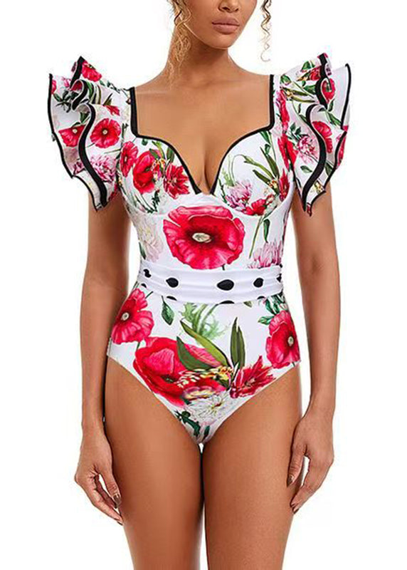Women White Print Ruffled Bodysuits And Maxi Skirts Pajama Sets Swimwear