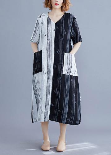 Women White Print V Neck Turn-down Collar Summer Maxi Dress - SooLinen