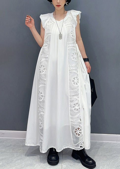 Women White Puff Sleeve Patchwork Lace A Line Dress Sleeveless