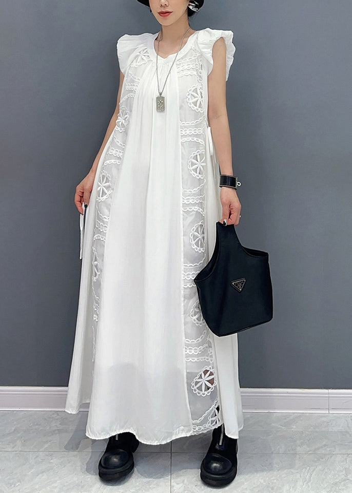 Women White Puff Sleeve Patchwork Lace A Line Dress Sleeveless