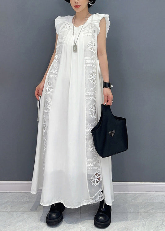 Women White Puff Sleeve Patchwork Lace A Line Dress Sleeveless