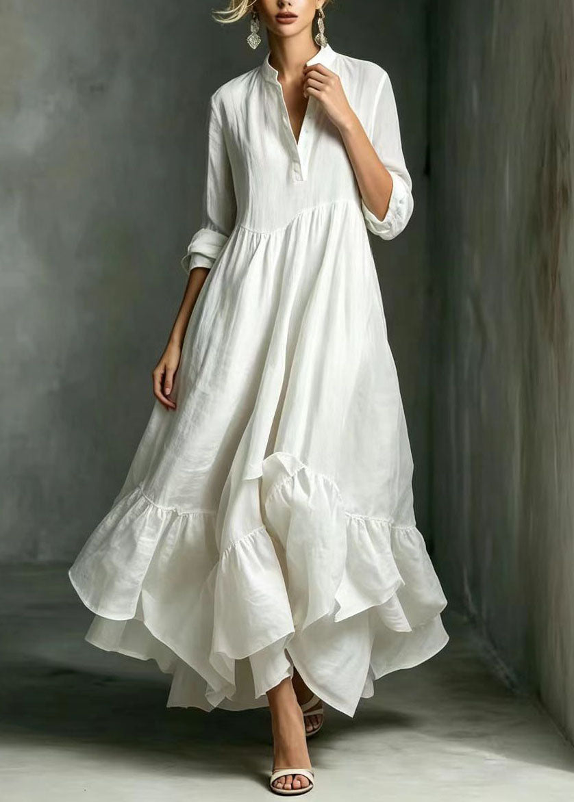 Women White Ruffled Asymmetrical Exra Large Hem Dress Summer