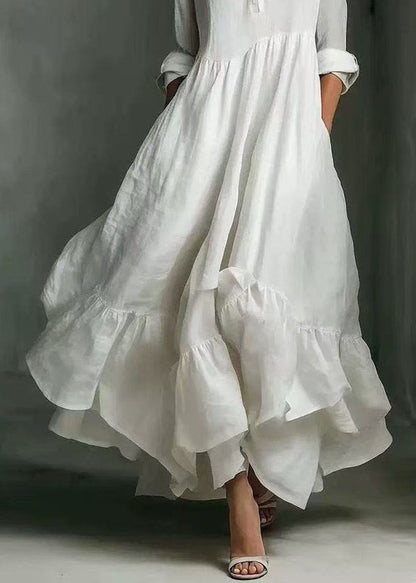 Women White Ruffled Asymmetrical Exra Large Hem Dress Summer