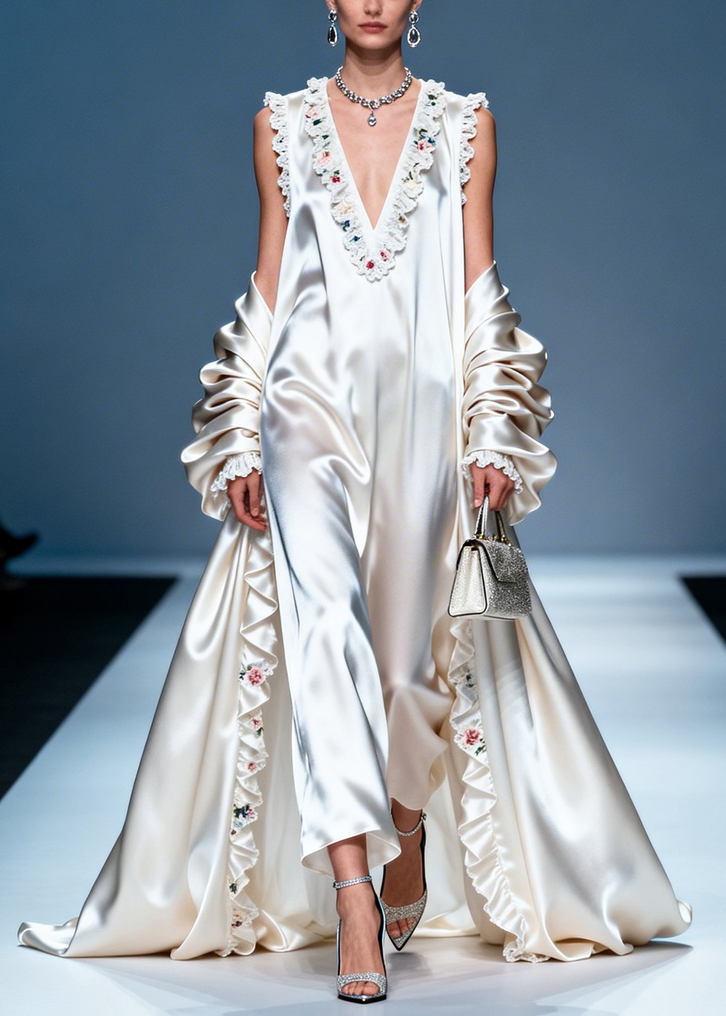 Women White Ruffled Exra Large Hem Silk Party Dress Summer