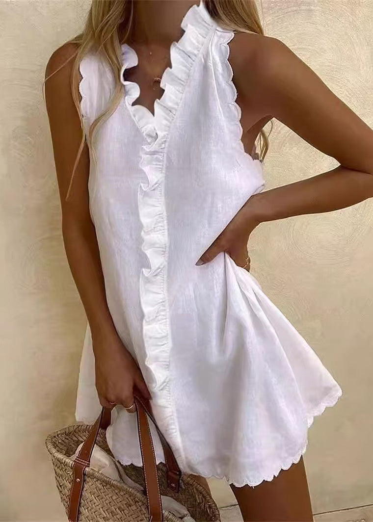 Women White Ruffled Solid Cotton Mini Dresses Sleeveless