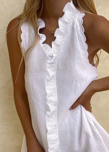 Women White Ruffled Solid Cotton Mini Dresses Sleeveless