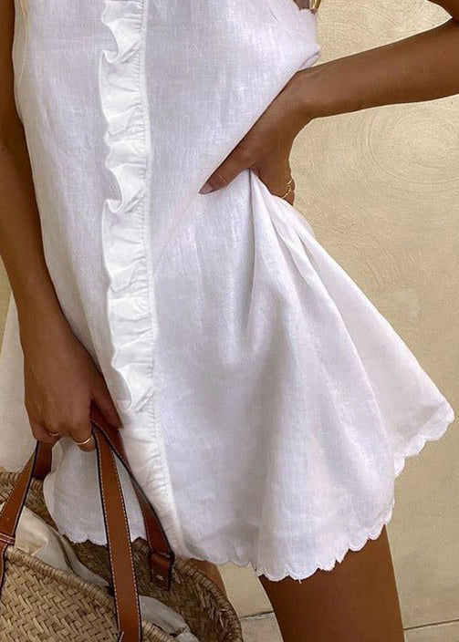 Women White Ruffled Solid Cotton Mini Dresses Sleeveless