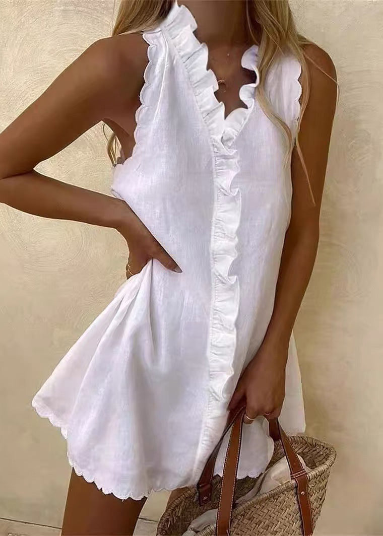 Women White Ruffled Solid Cotton Mini Dresses Sleeveless
